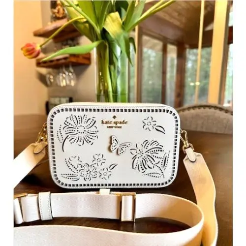 Kate Spade Madison Perforated Camera Crossbody Floral Butterfly KK958 Meringue