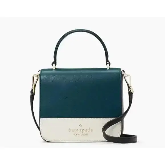 Kate Spade Staci Saffiano Top Handle Square Flap Crossbody Bag Peacock K7343