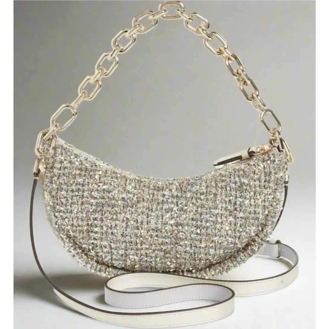 Kate Spade Smile Crossbody Bag Small Silver Metallic Tweed Leather Chain Strap