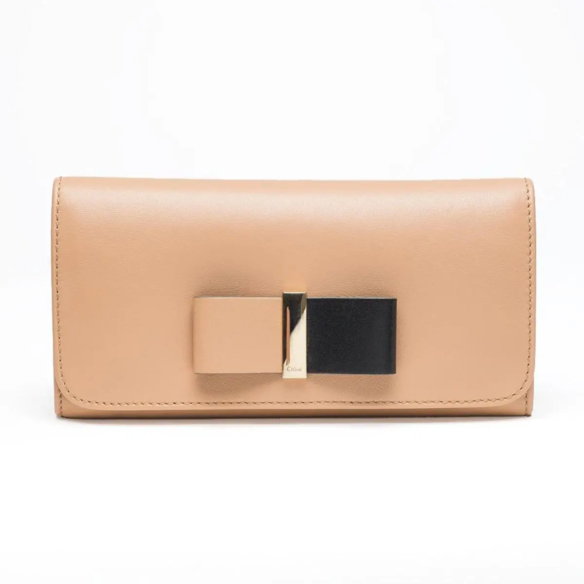 Chloe Biscotti Wallet Beige Black Bow Leather Two Fold Bag Snap Zip Pockets