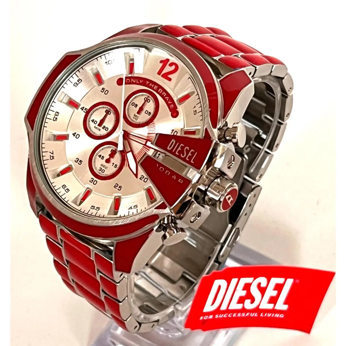 Diesel DZ4638 Men`s Mega Chief Red Enamel Stainless Steel Watch Bnwt/box