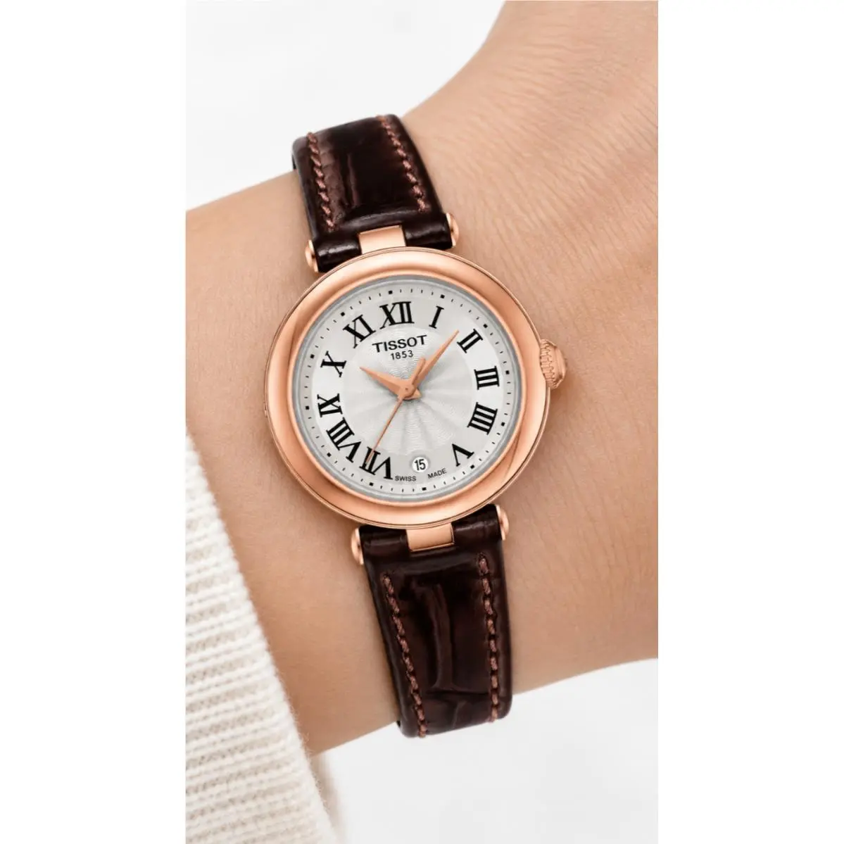 Tissot Bellissima Ladies White Dial 26mm Quartz Watch T126.010.36.013.00 - Dial: White, Band: Brown, Bezel: Gold