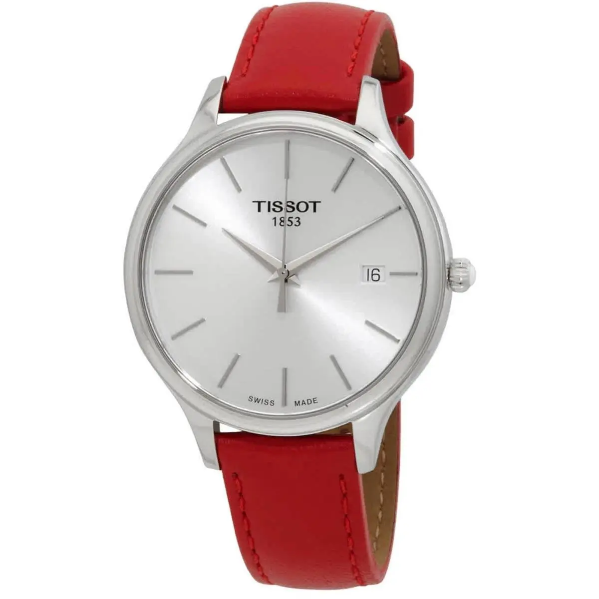 Tissot Women`s Watch Bella Ora Silver Tone Dial Red Leather Strap T1032101603100 - Dial: Silver, Band: Red