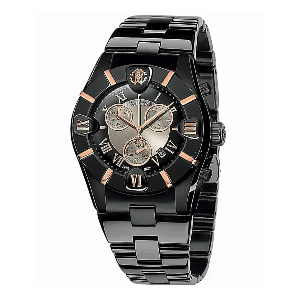 Roberto Cavalli R7253616045 Diamond Time Collection Chronograph Mens Watch - Band: Black, Bezel: Black
