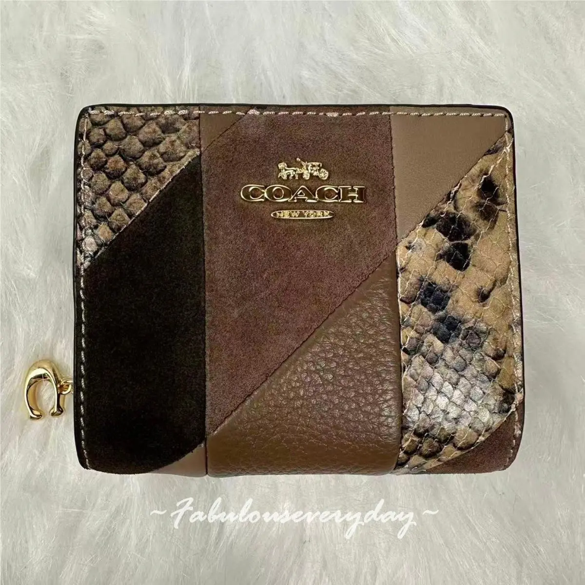 Coach Snap Wallet with Patchwork and Snake Print In Leather/gold CCR27