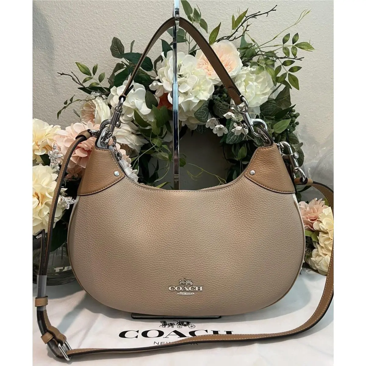 Coach Leather Mara Hobo Shoulder Bag W/crossbody Colorblock Beige/bone/taupe