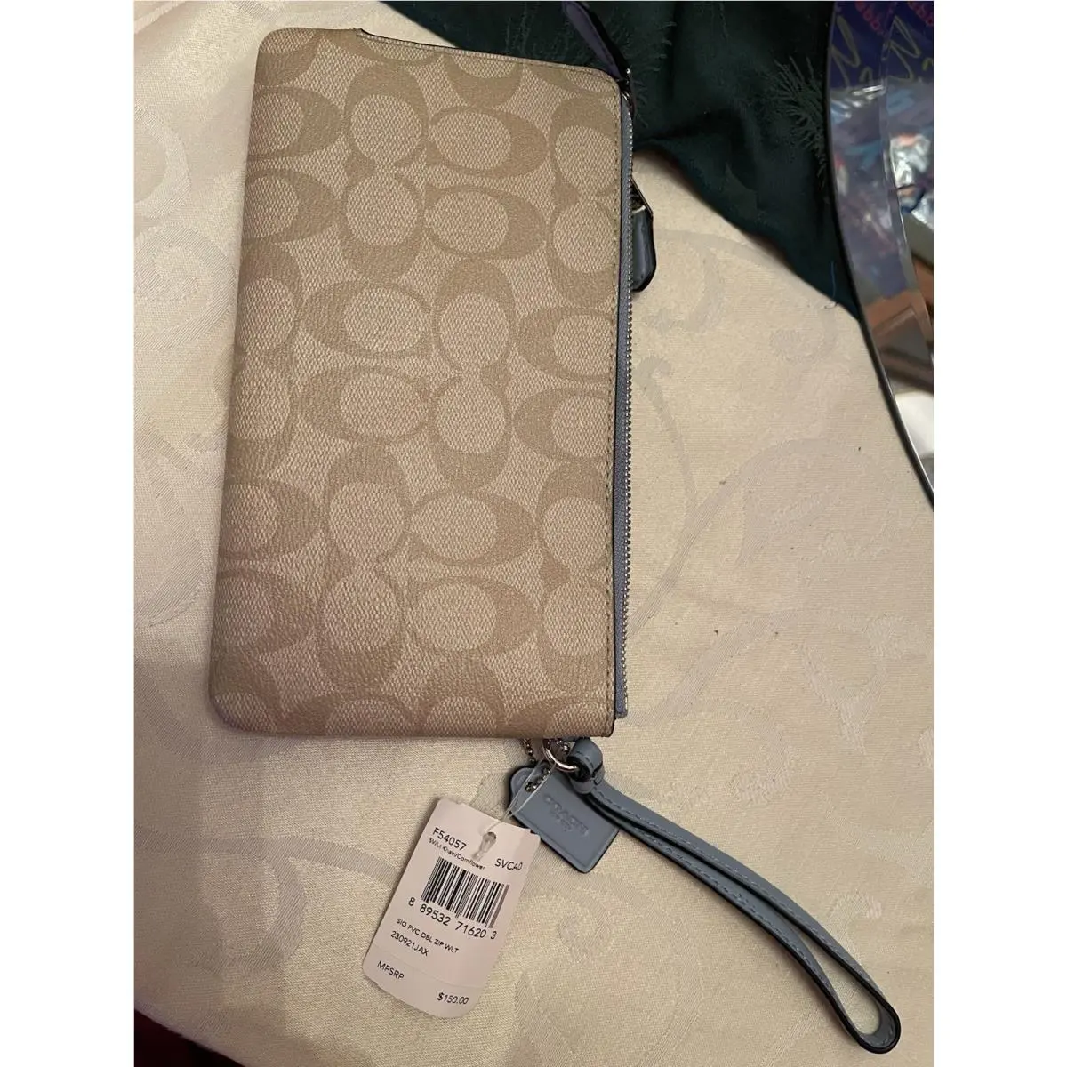 Coach Long Double Zip Around Wallet with Strap Signature Blue Trim