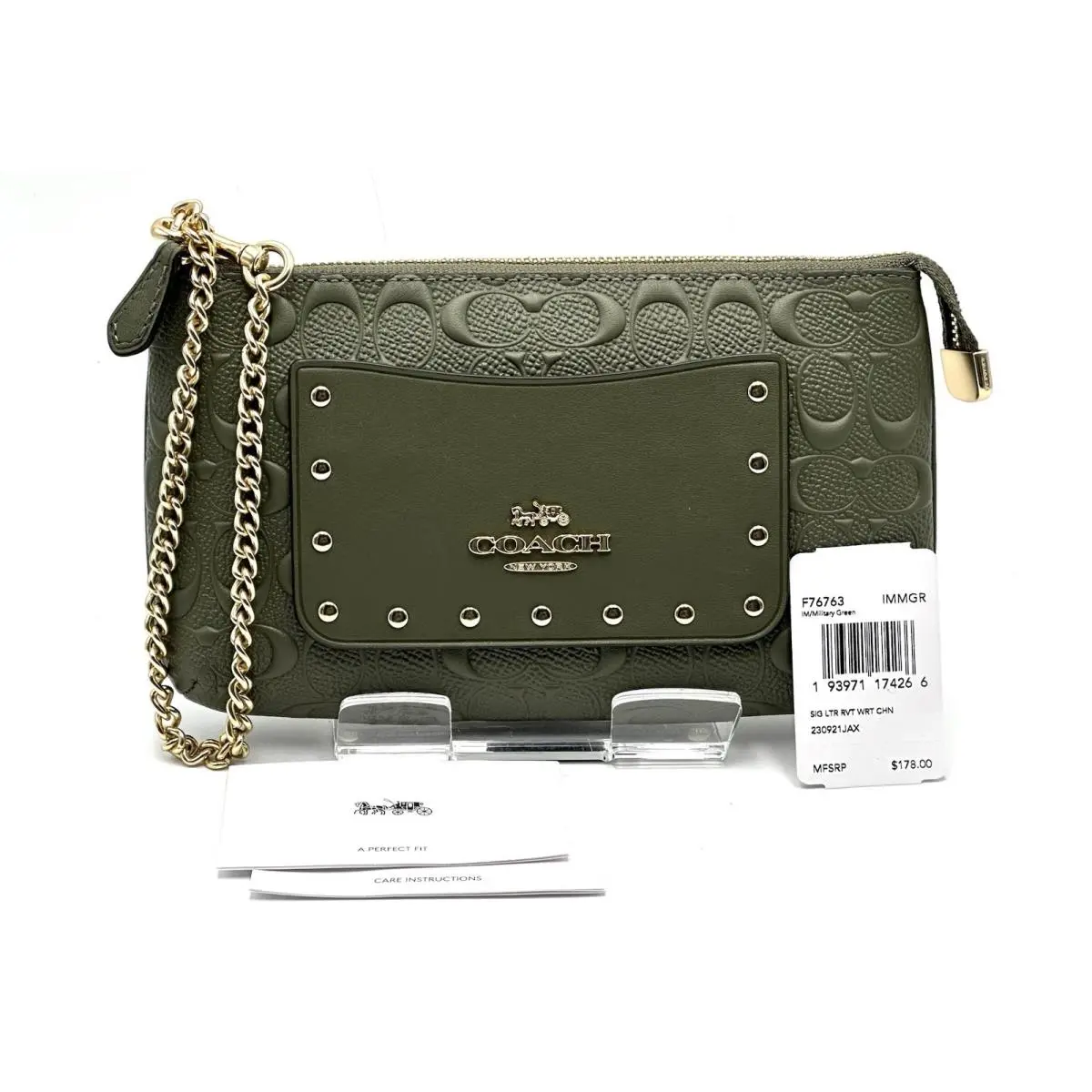 Coach Signature Leather Rivet Chain Wristlet Wallet Military Green F76763