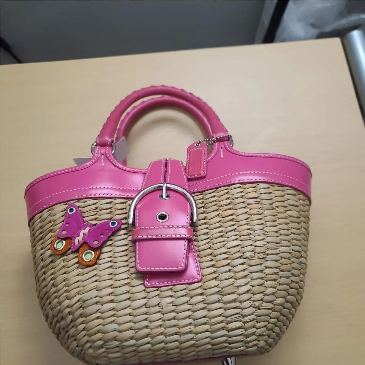 Coach 6270 Straw Butterfly Embellished Straw Tote with Pink Leather Trim