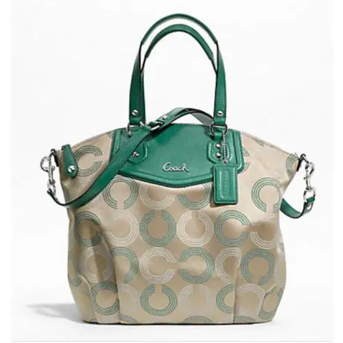w Tags Coach Ashley Sateen OP Art Large Tote Shoulder Bag 25183 Aegean Green