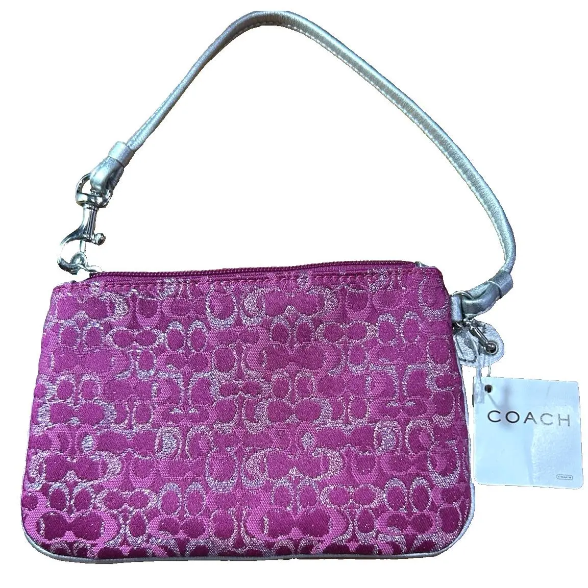 Coach CC Signature Jacquard Raspberry Pink Metallic Wristlet
