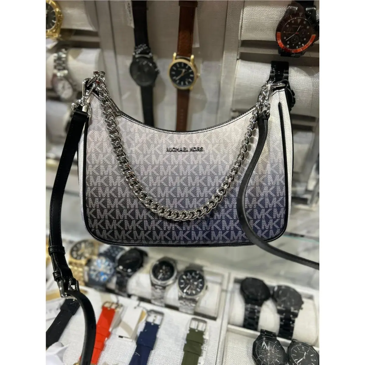 Jet Set Large Women Pochette Ombré Logo Crossbody Bag Variation BLACK MULTI by Michael Kors