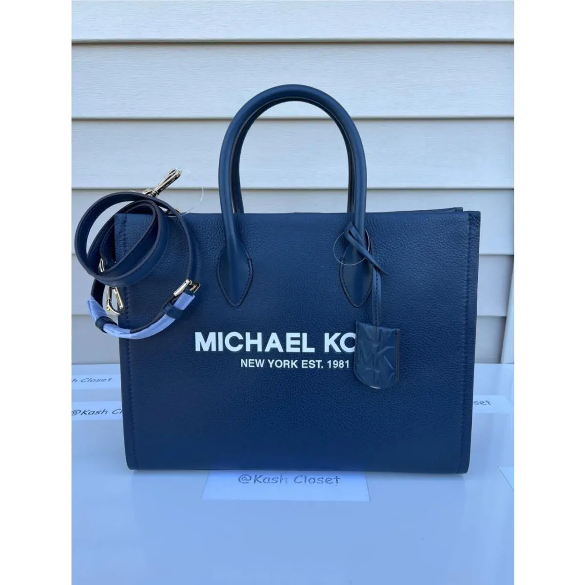 Mirella Tote Bag Medium Pebbled Leather Purse Bag Navy by Michael Kors