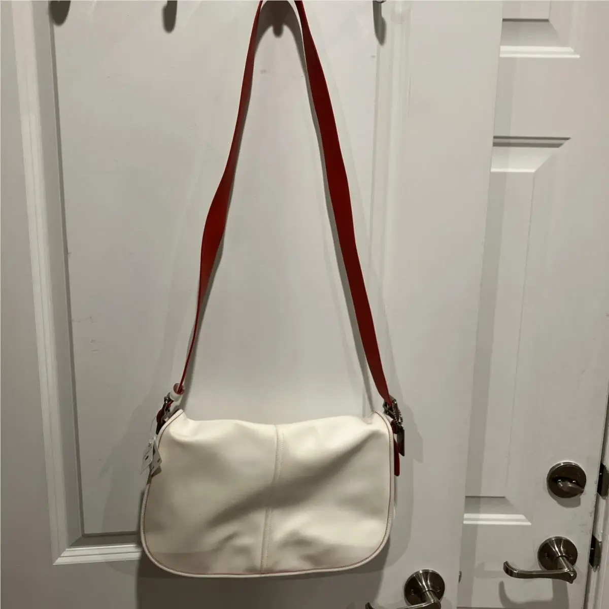 Coach White Nylon Leather Trim Messenger Crossbody Laptop Bookbag Large
