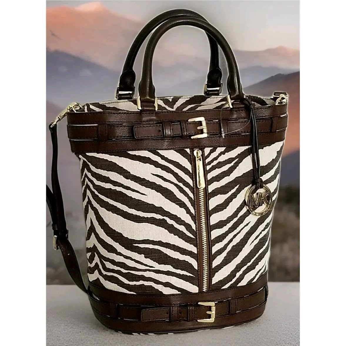 Michael Kors Kingsbury Brown Tiger Zebra Striped Canvas Bucket Tote Bag