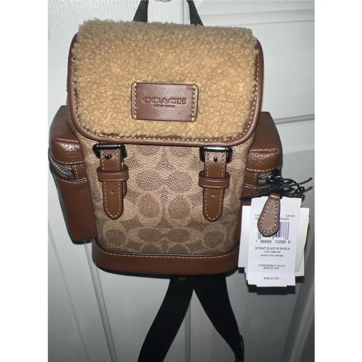 Coach Sprint Sling Packin Brown Signature Canvas Shearling Bag Mspr
