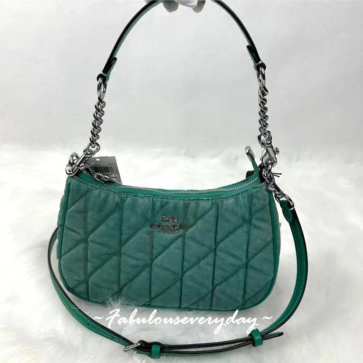 Coach Teri Shoulder Bag Crossbody In Quilted Denim/green CBG86