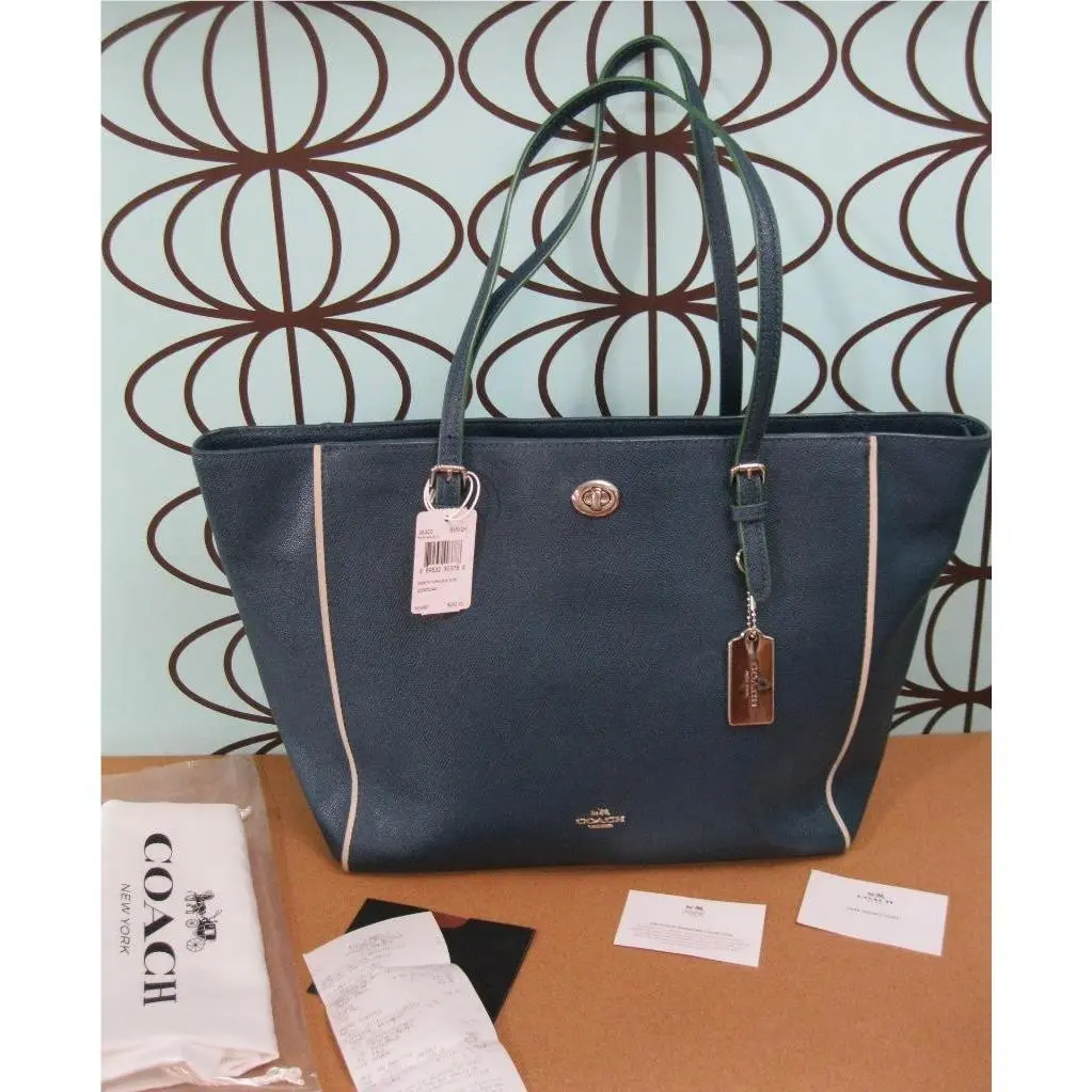 Coach Turnlock Tote Blue Crossgrain Leather w White Trim 38323