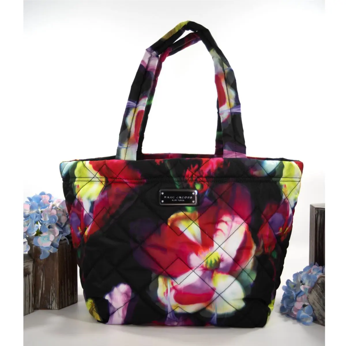 Marc Jacobs Pretty Nylon Quilted Large Black Floral Tote Shoulder Bag