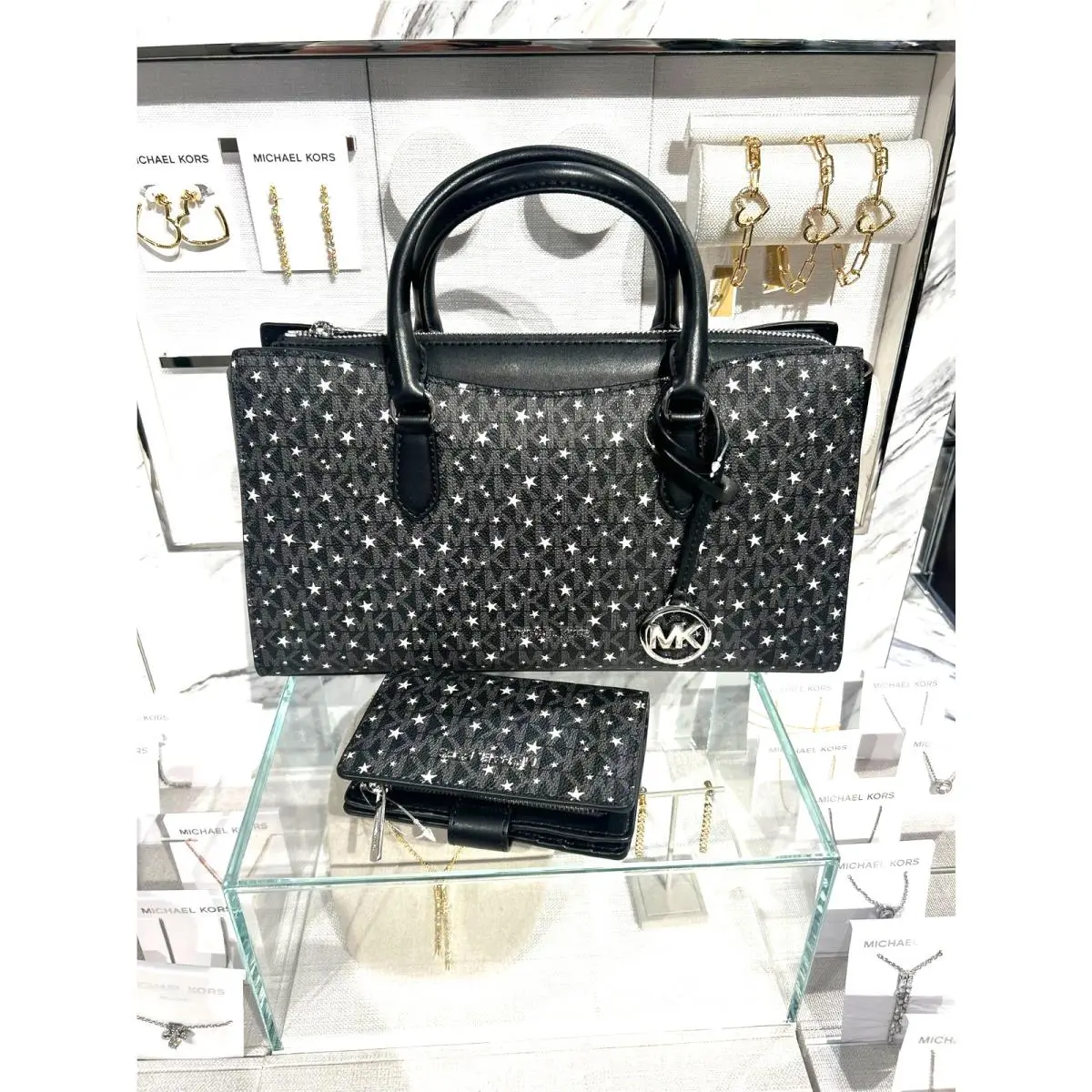 Michael Kors Arden Women Medium Satchel Bag Purse + Bifold Zip Wallet Set Black