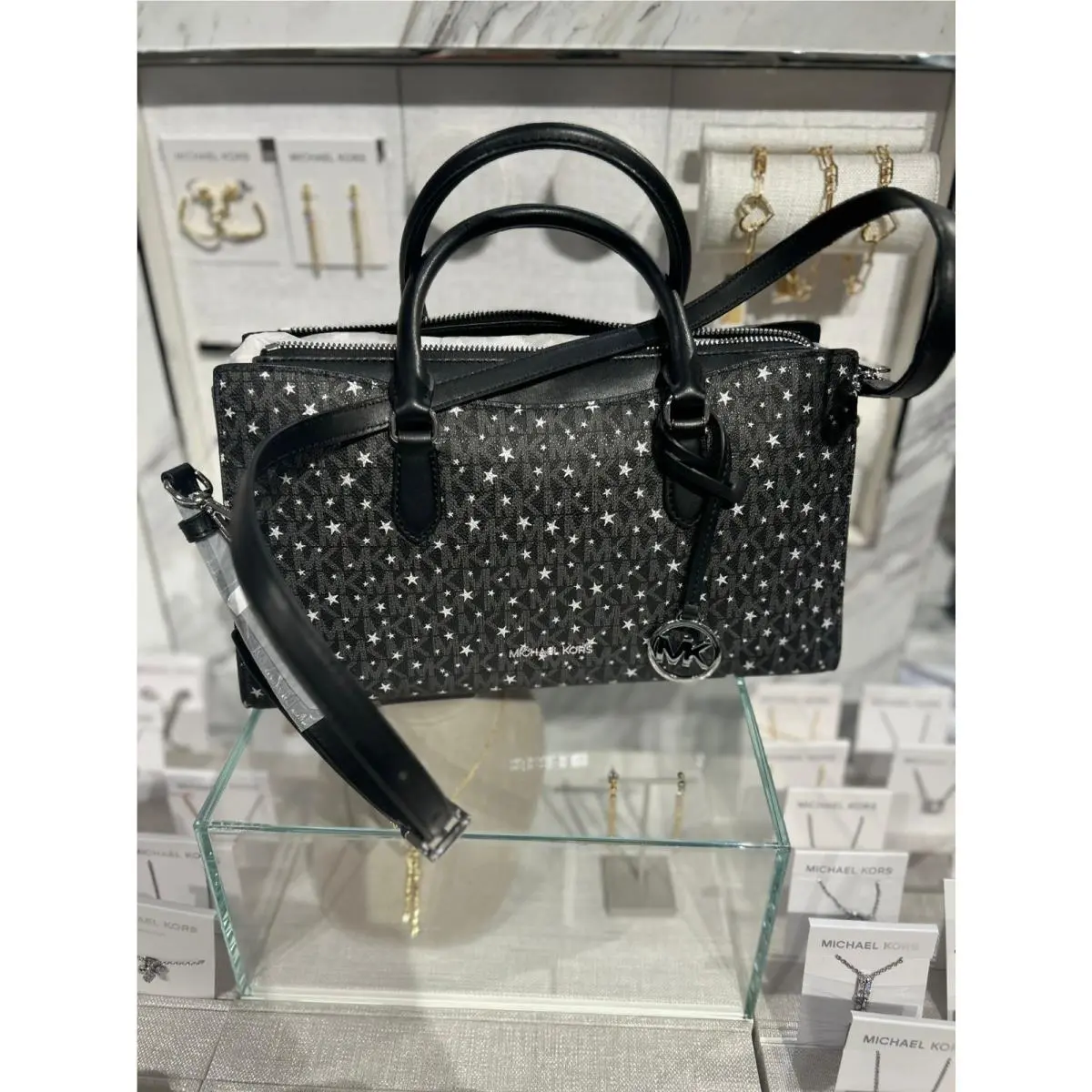 Arden Women Medium MK Logo Printed Top Zip Satchel Bag Black by Michael Kors