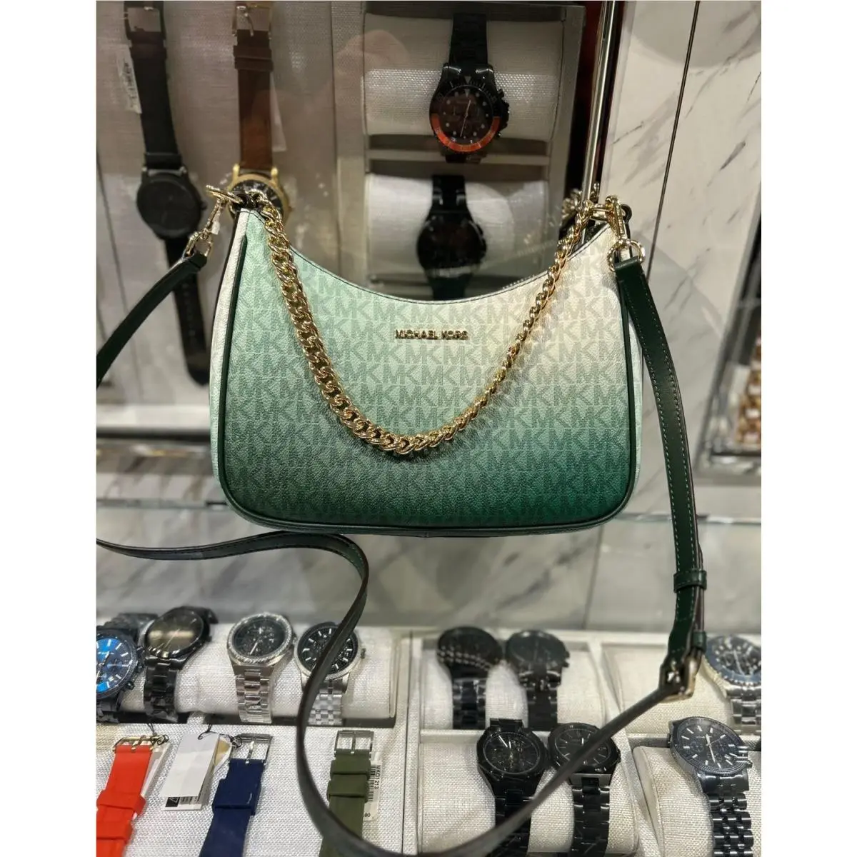 Michael Kors Jet Set Large Women Pochette Ombré Logo Crossbody Bag Moss Multi