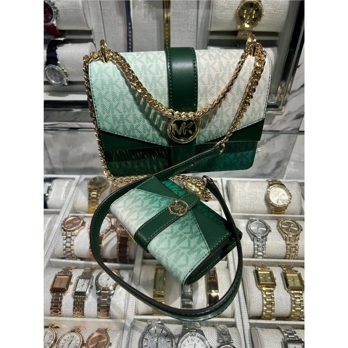 Michael Kors MK Greenwich Women Small Crossbody Bag Handbag + Wallet Moss Multi