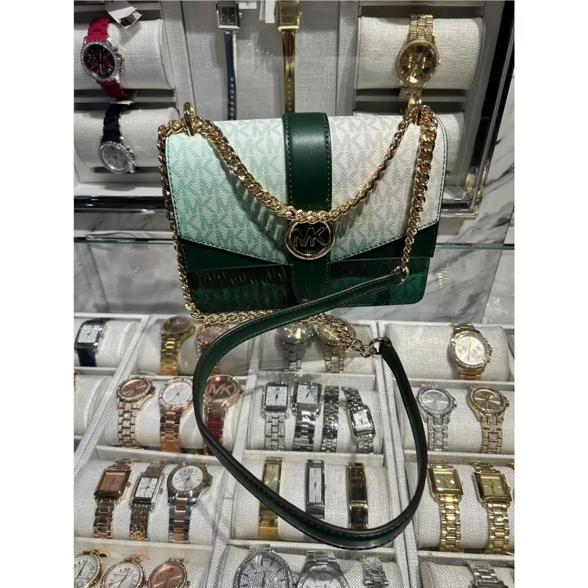 Greenwich Women Small MK Ombré Logo Flap Crossbody Bag Moss Multi by Michael Kors