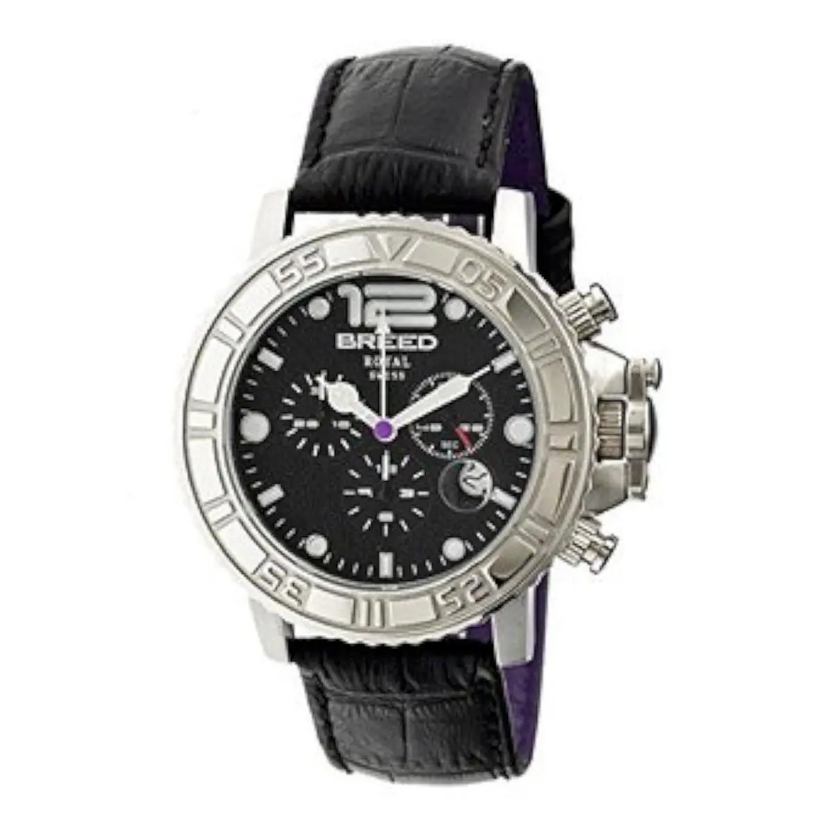 BRD4702 Mens Von Glarus Black Leather Round Chrono Fashion Watch Royal by Breed
