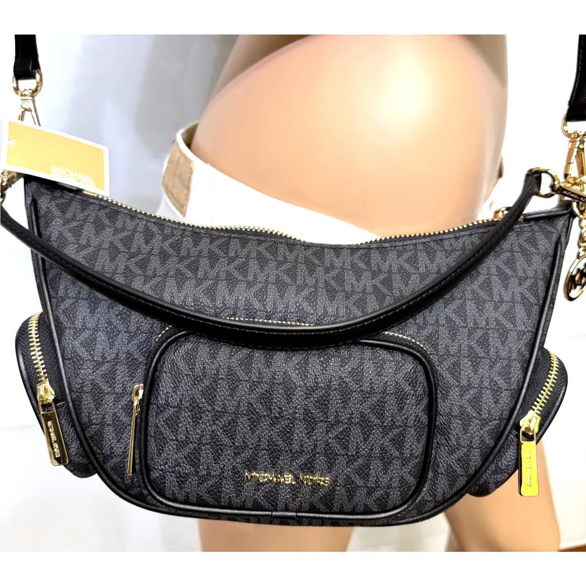 Michael Kors Merritt Small Convertible Pocket Crossbody Bag MK Black Gold