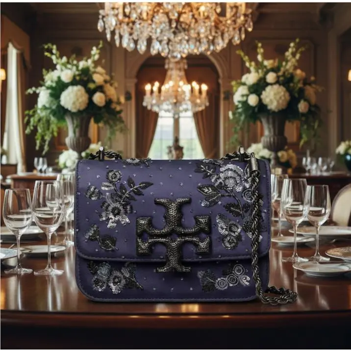 Tory Burch Eleanor Embroidered Navy Satin Small Convertible Shoulder Bag