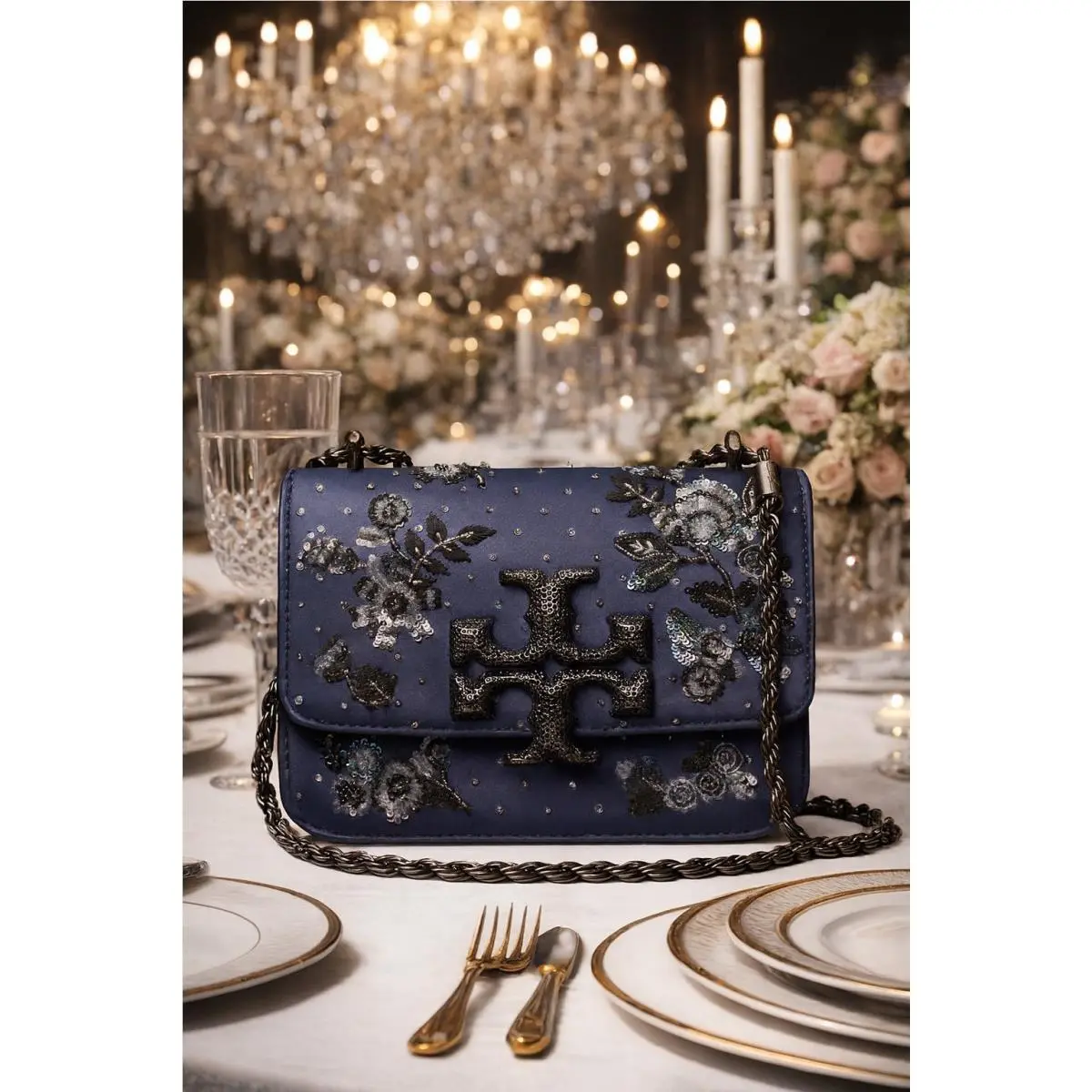 Tory Burch Eleanor Embellished Navy Satin Small Convertible Shoulder Bag