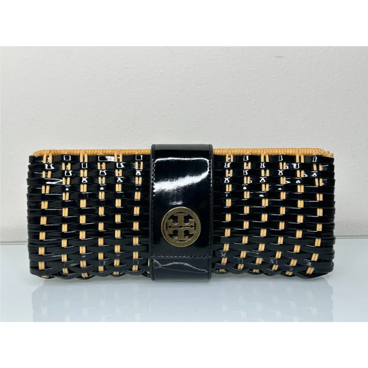 Tory Burch Black Patent Leather Straw Woven Clutch Handbag