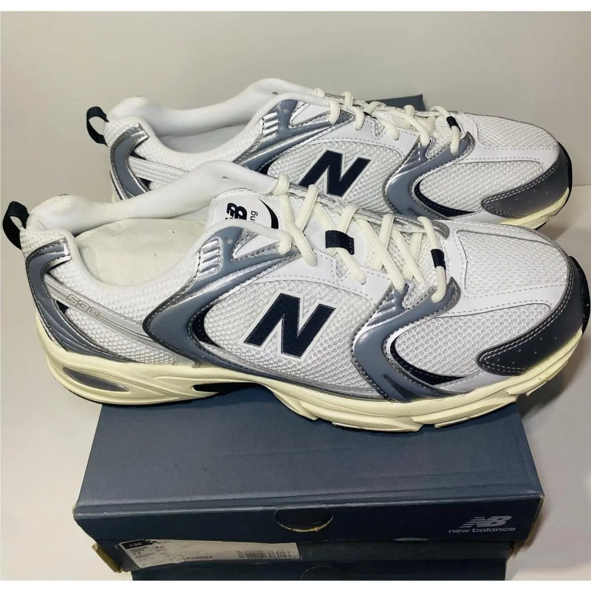 New Balance 530 Silver Metallic Black Cement U530ESA Size 13 Men White Mesh