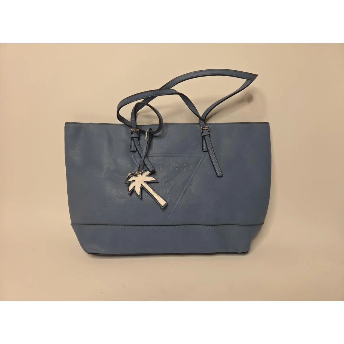 Guess Denim Color Zip Up Fashion Tote Bag W/ Palm Tree Charm