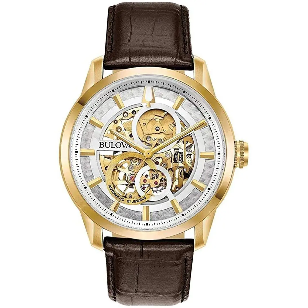 Bulova 97A138 Sutton Automatic Skeleton 21 Jewels Leather Strap Men`s Watch