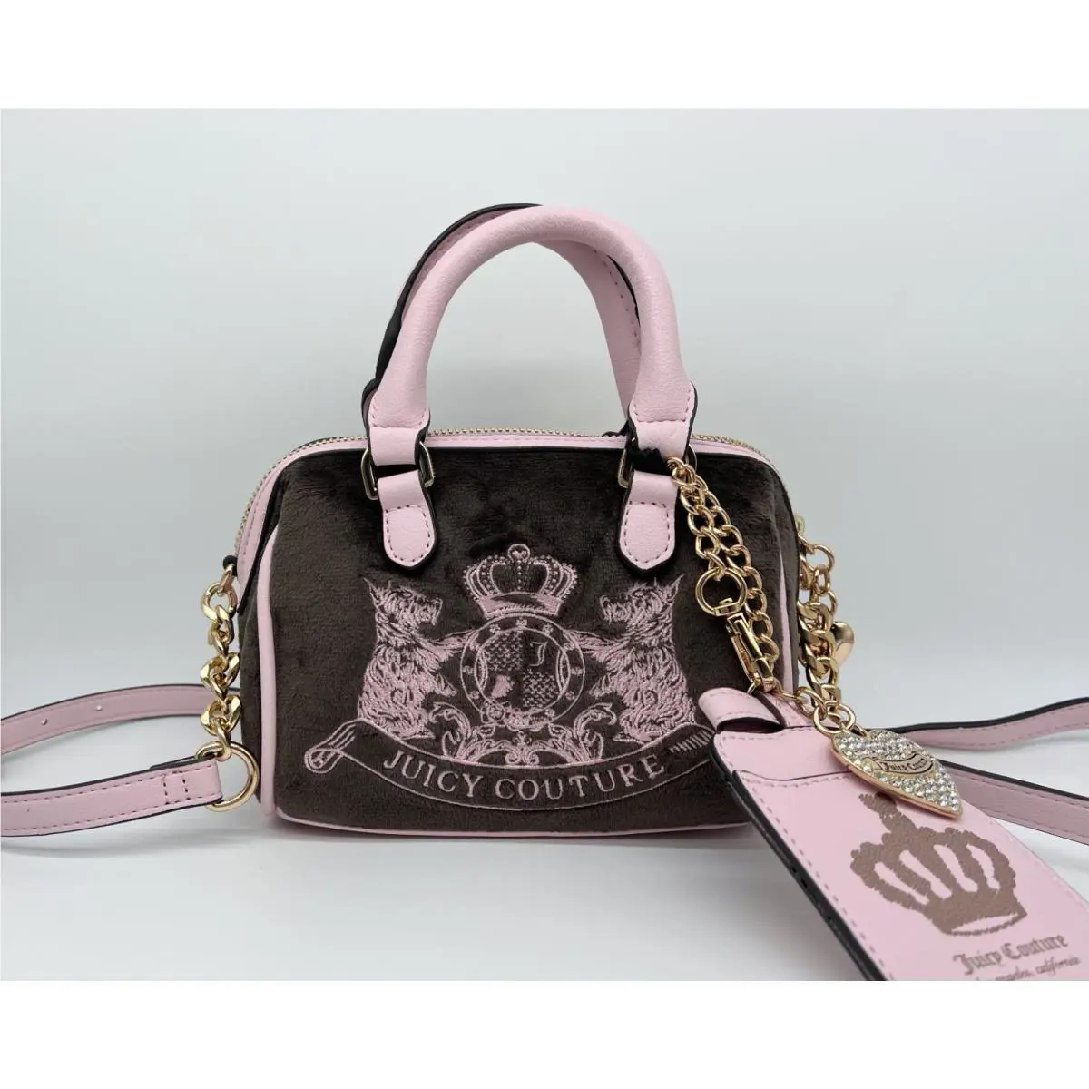 Juicy Couture Classic Scottie Dog Mini Satchel Purse Bag in Chocolate/pink