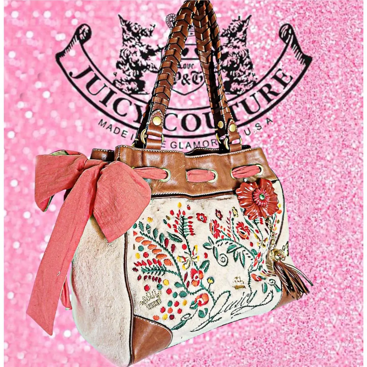 Juicy Couture Angel Floral Embroidered Daydreamer Terry Shopper Bag Purse Tote