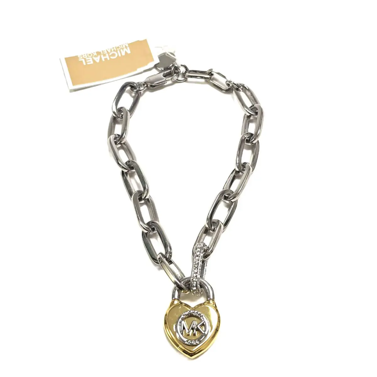 Michael Kors 2 Tone Silver Gold Pad Lock Heart Locket Crystals Chain Bracelet