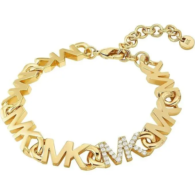 Michael Kors Polished Gold Tone Crystals Link `mk` Logo Bracelet