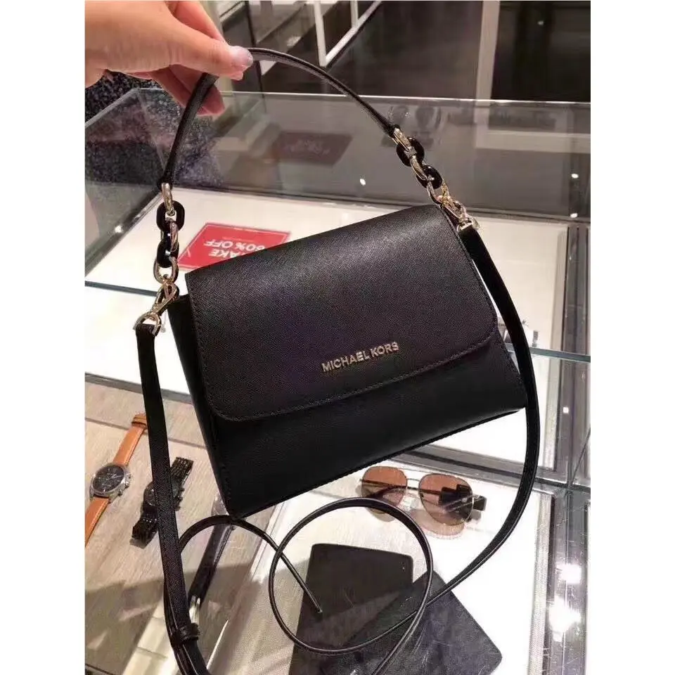 Michael Kors Black Saffiano Leather Satchel Bag with Chain Strap Flap Crossbody