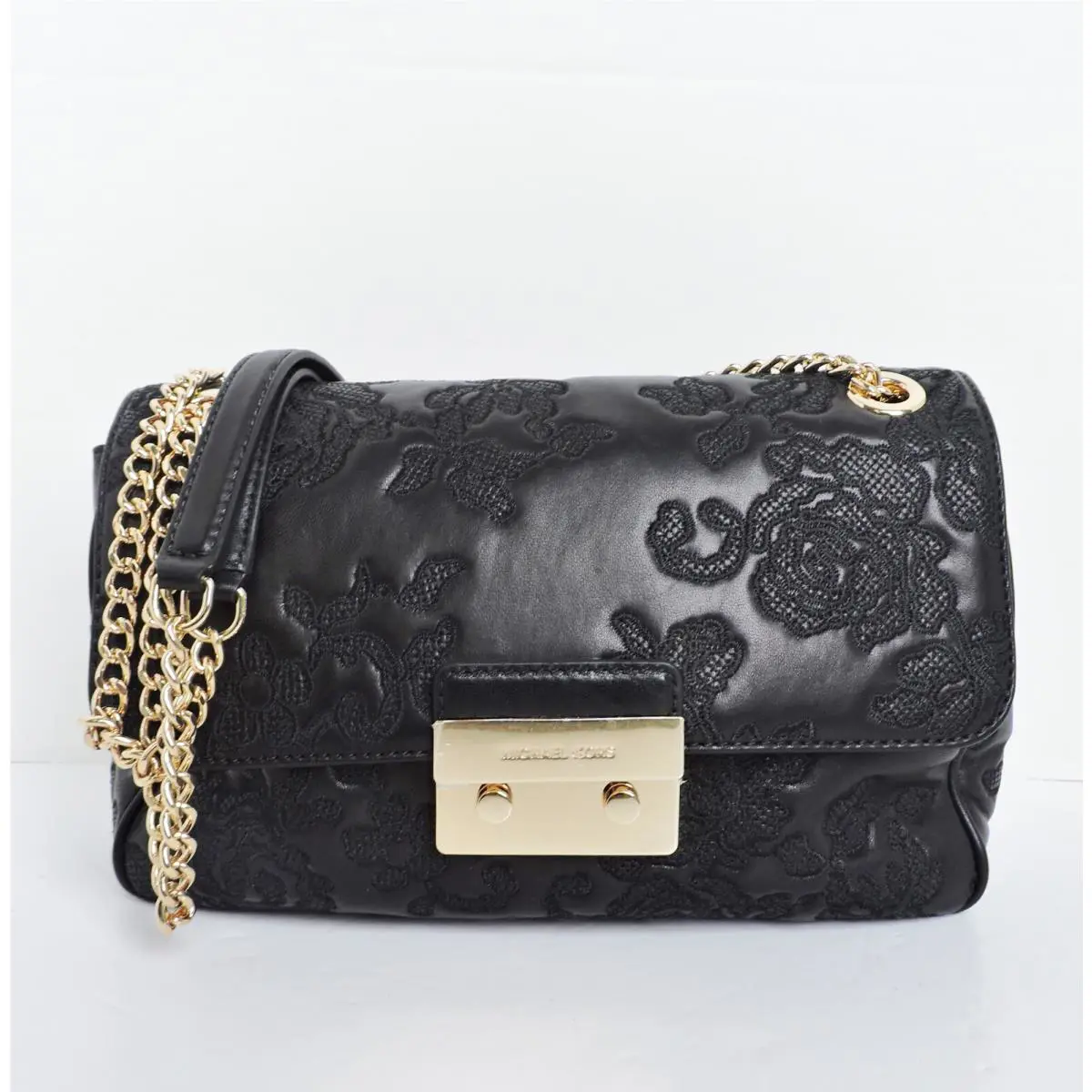 Michael Kors Sloan Large Black Embossed Floral Smooth Leather Shoulder Bag