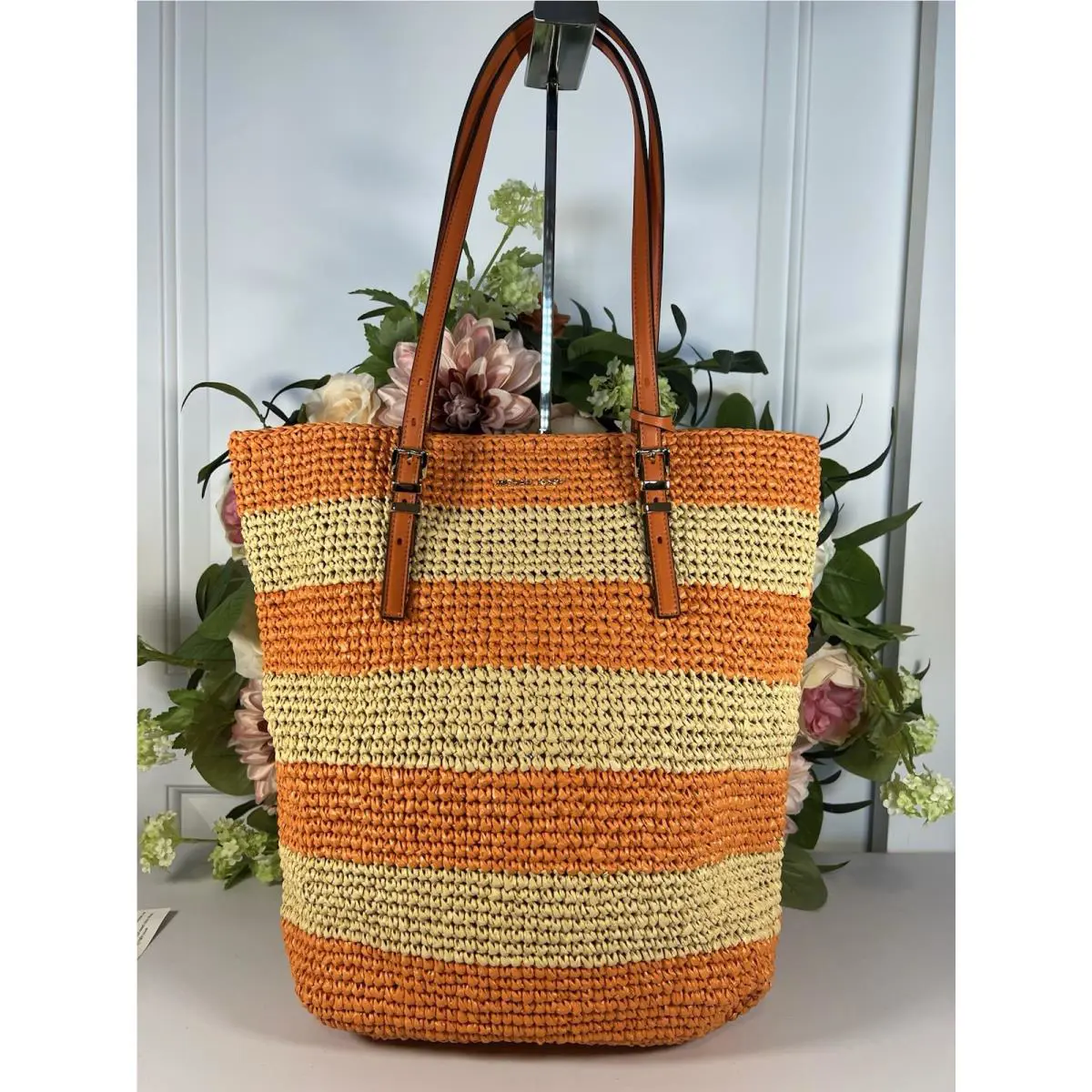 Michael Kors Large North/south Quinn Woven Tote/shoulder Bag-orange/beige