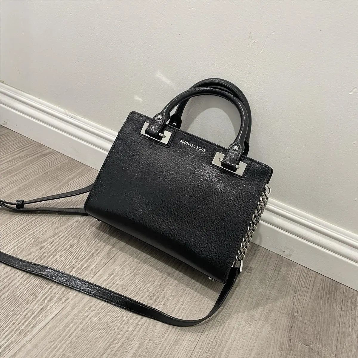 Michael Kors Structured Black Patent Leather Satchel Bag Small Size w Chain Strap