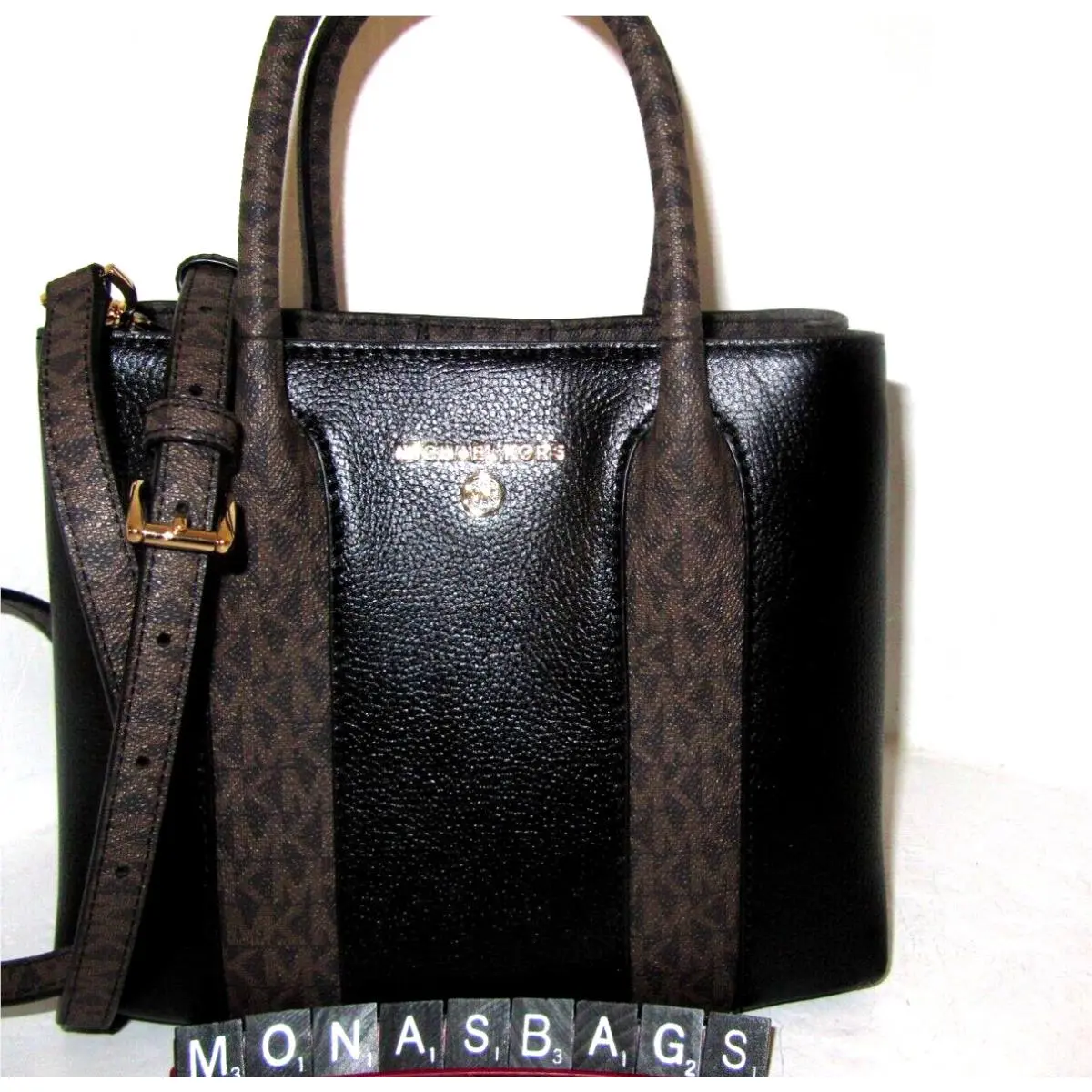 Michael Kors Austin Black Leather Signature Logo Stripe Medium Crossbody Bag