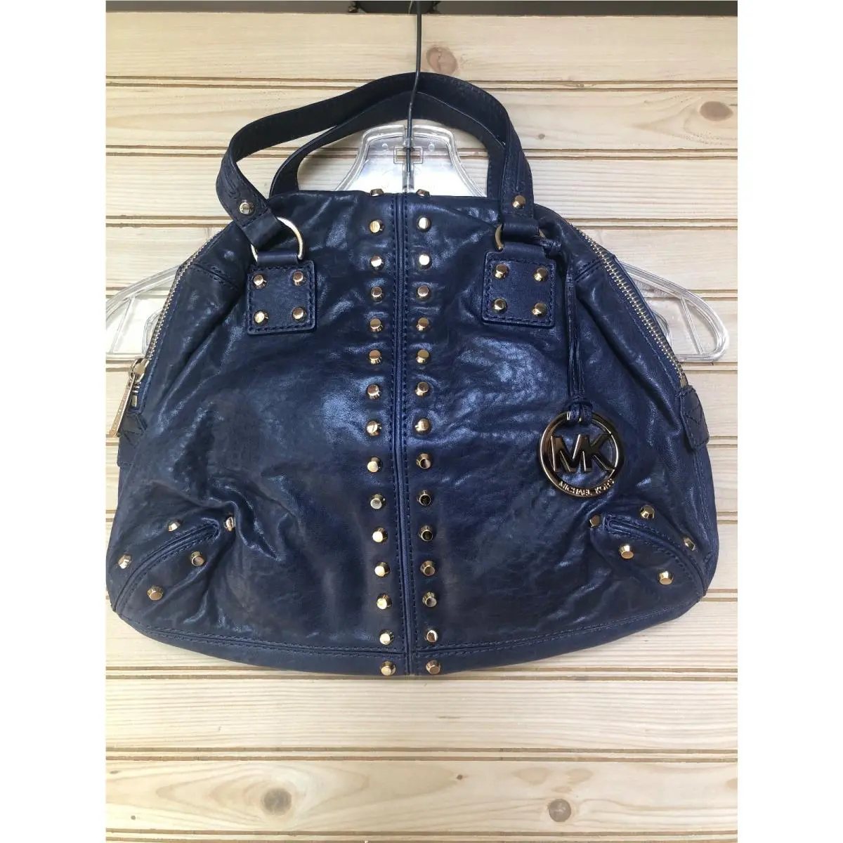 Michael Kors Uptown Astor Studded Washed Leather Large Blue Satchel