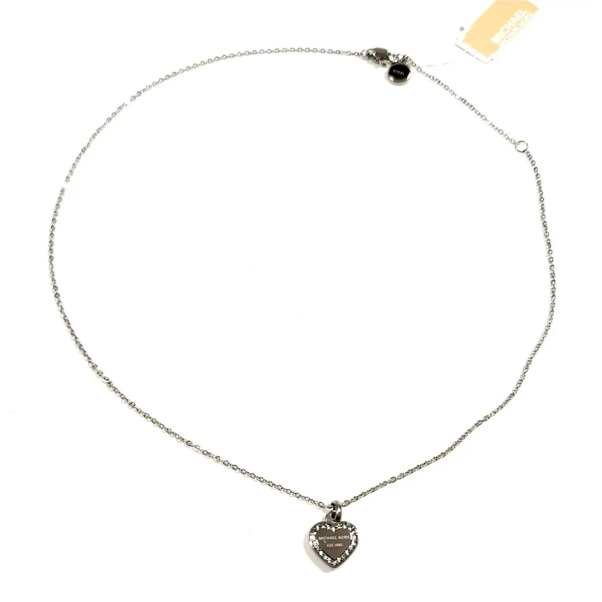 Michael Kors Heritage Silver Tone Heart Shspe Charm Crystals Necklace MKJ3970