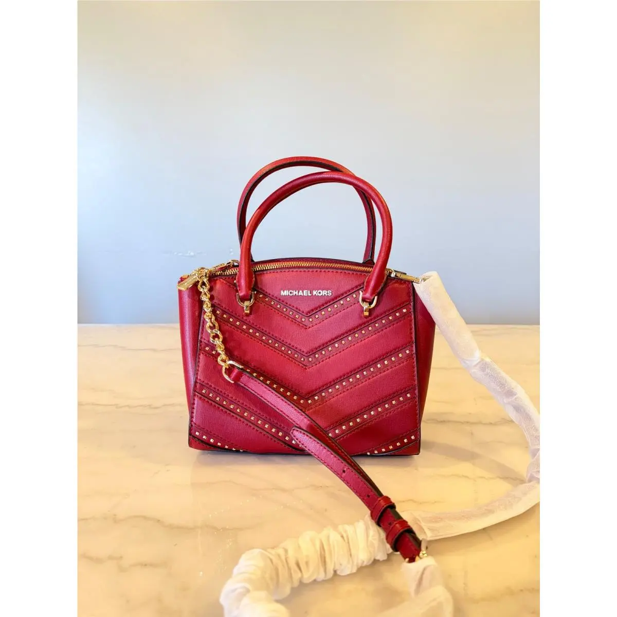 Michael Kors Ellis Sm Conv Satchel Leather Scarlet Crossbody Bag