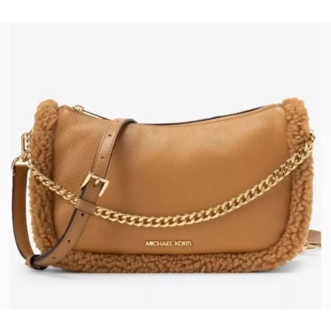 Michael Kors Carmela Pouchette Cross Body Bag Leather Shearling Fur Trim
