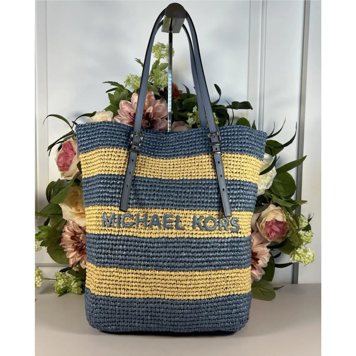Michael Kors Large North/south Quinn Woven Tote/shoulder Bag-chambray Blue/beige